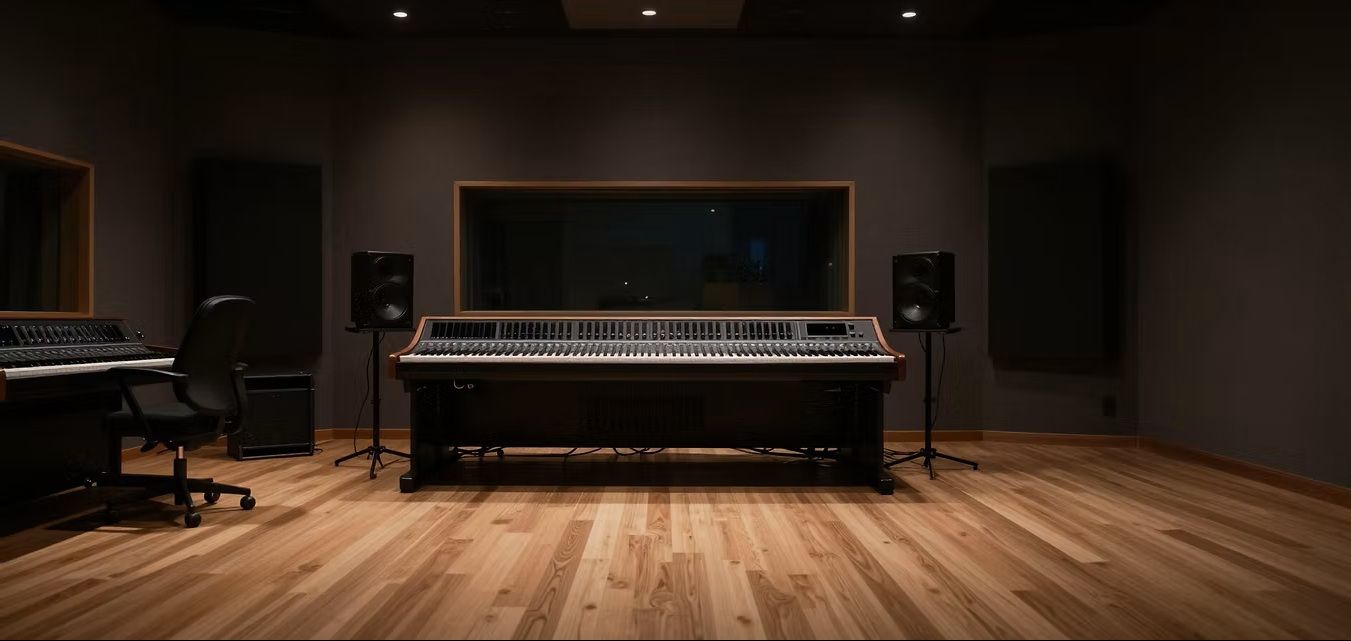 Sala regia di uno studio di registrazione con console di missaggio e monitor da studio: Music Studio Pro di MakerMusic AI, la console per la creazione di canzoni con intelligenza artificiale