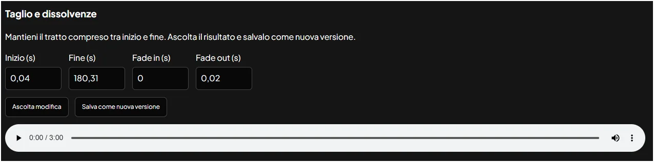 Taglio e dissolvenze: inizio, fine, fade in e fade out, salvati come nuova versione