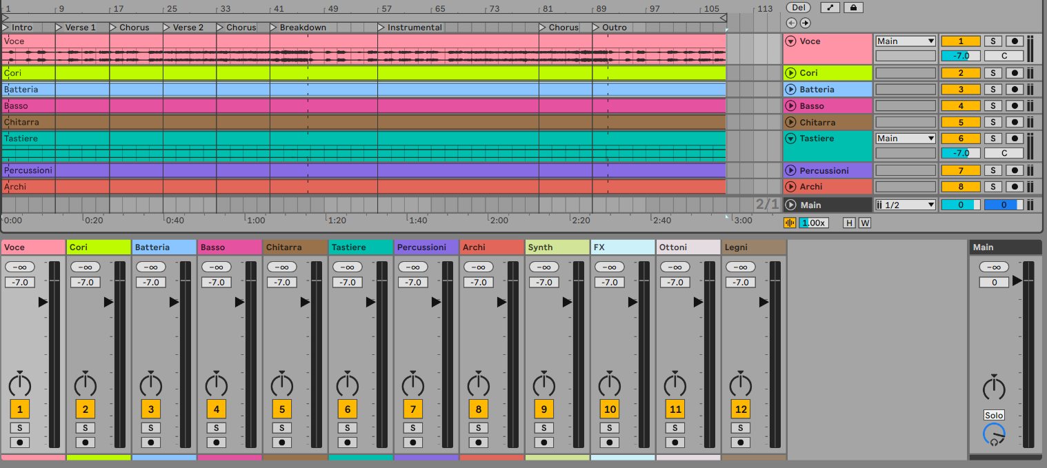 Esportazione stem musicali separati su Music Studio Pro: progetto Ableton Live 12 con 12 tracce nominate e marker di struttura del brano